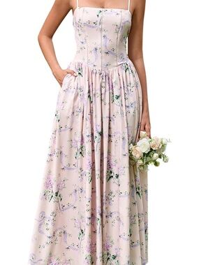 Floral Spaghetti-Strap Maxi Dress in Light Pink